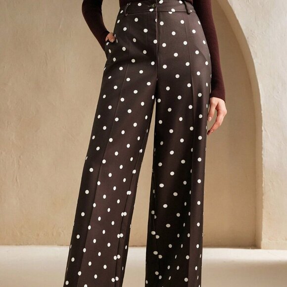 Brown Casual Women's Polka Dot High Waist Drape Suit Pants - Picture 7 of 7